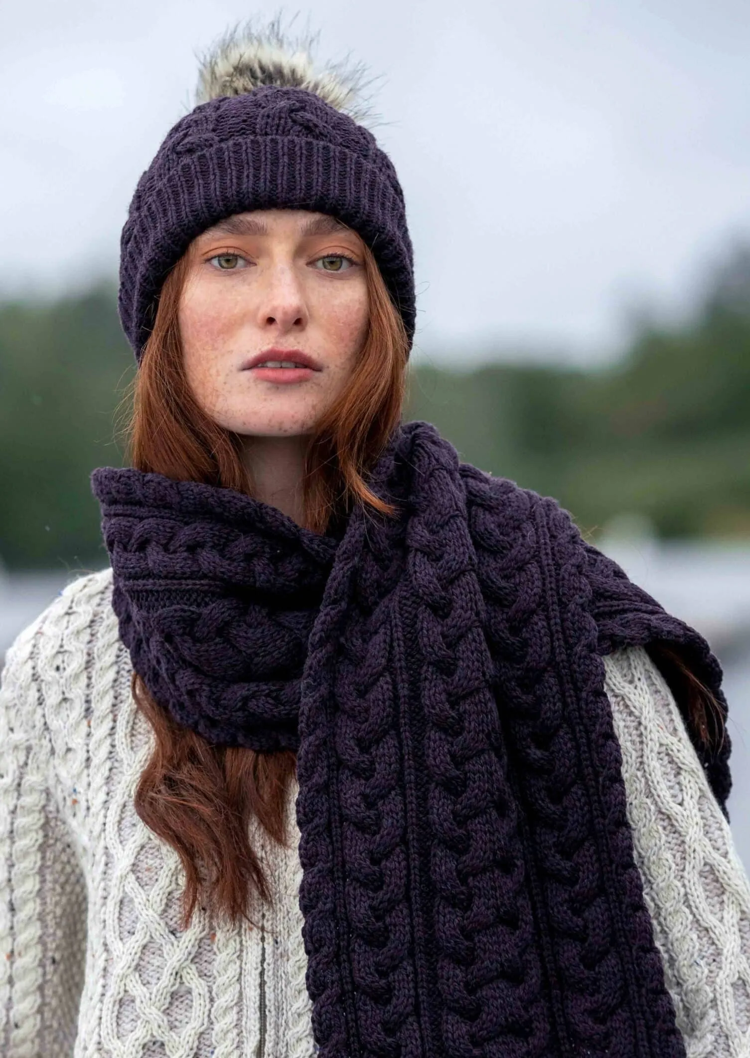 Aran Cable Knit Pom Pom Hat | Damson