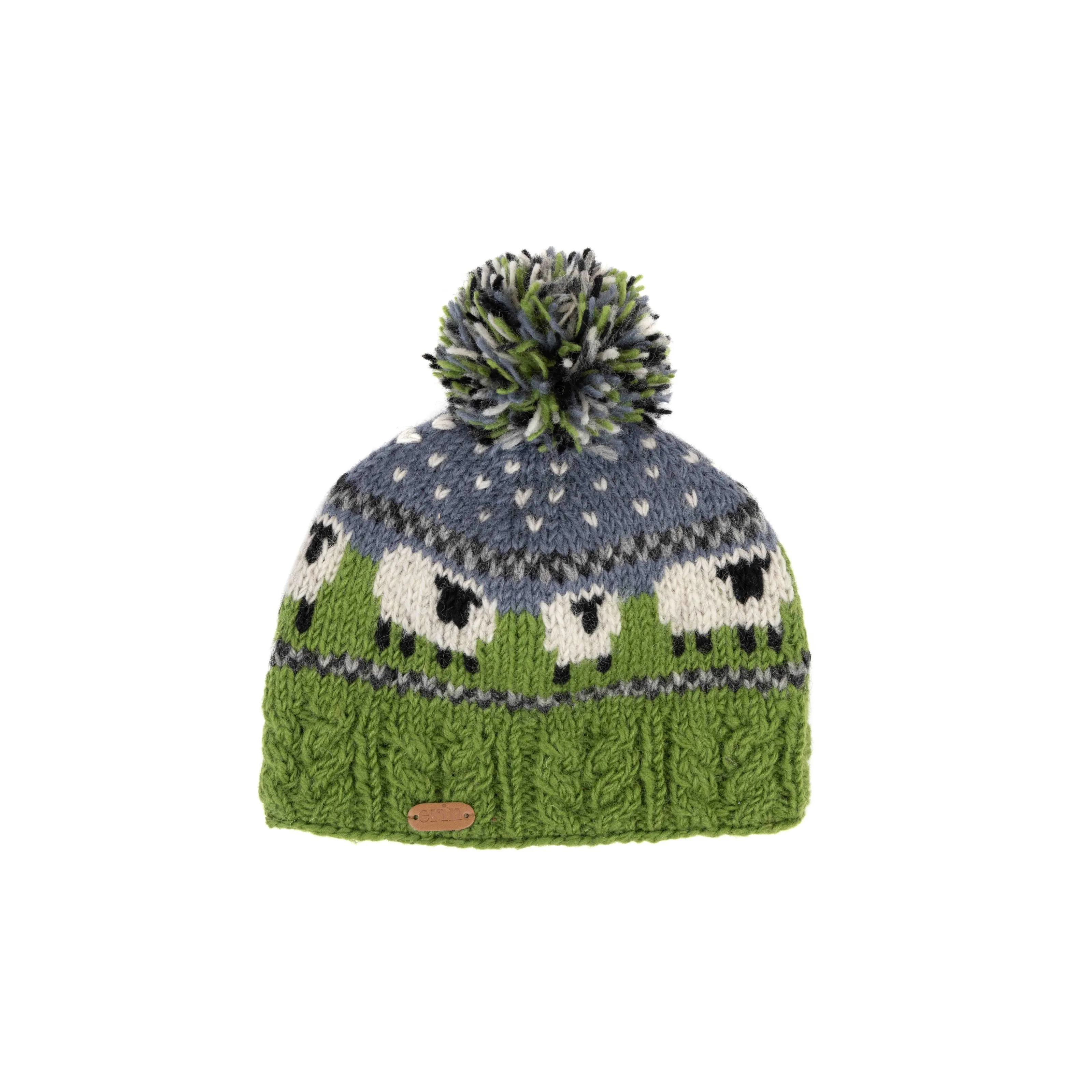 Aran Sheep Bobble Hat | Blue and Green