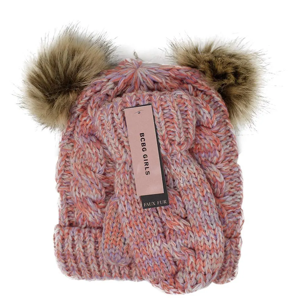 BCBG Girls Little Kid 2 Piece Faux Fur Beanie Cap with Pom Pom & Mitten Set