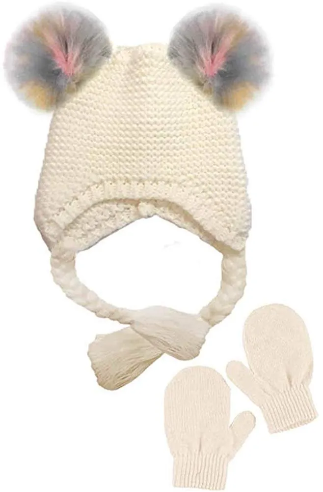 BCBG Toddler Girls Little Kid 2 Piece Knit Hat with Pom Poms and Mitten Set