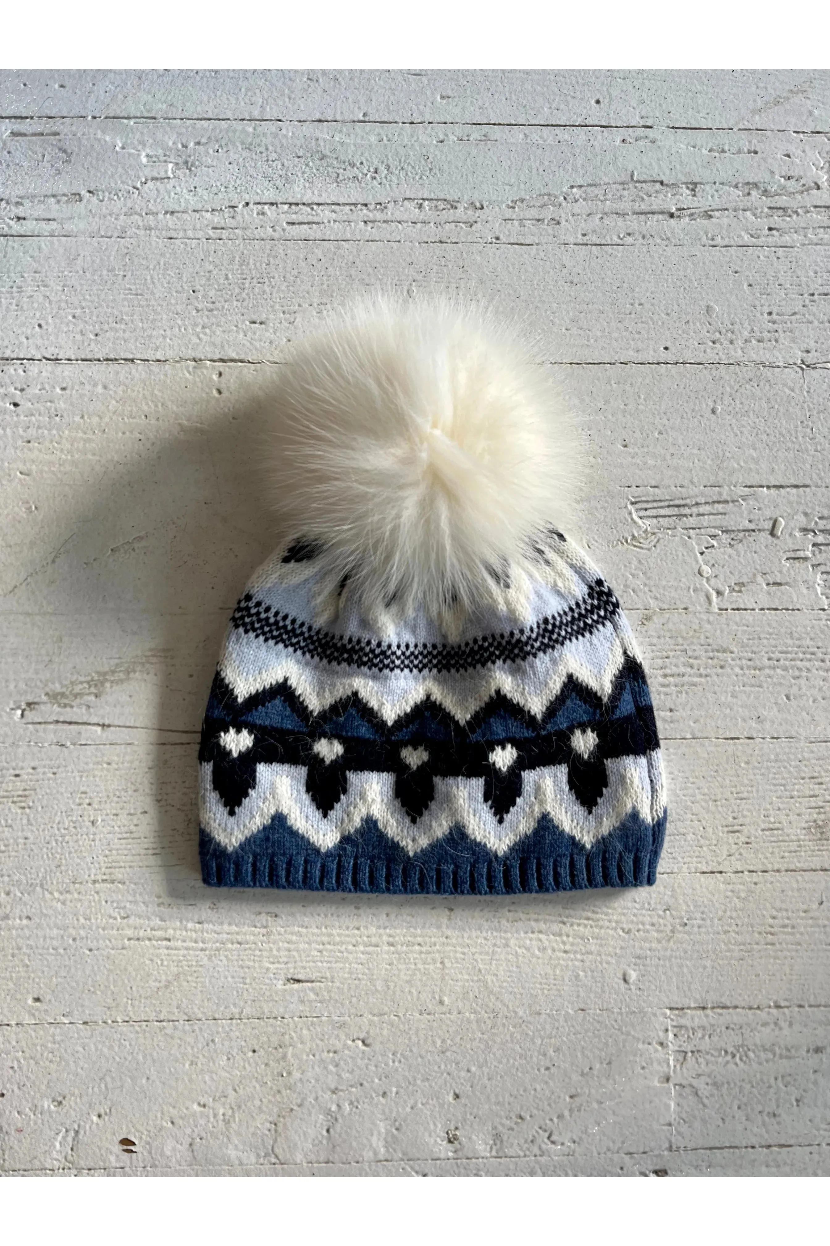 Blue Fair Isle Wool Angora Pom Pom Hat