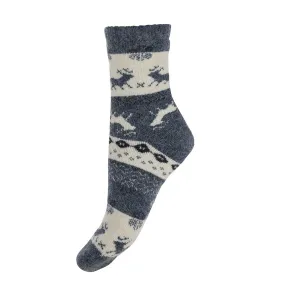 Blue Wool Blend Socks with reindeer pattern