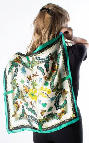 Butterflies Chain Green Square Silk Scarf