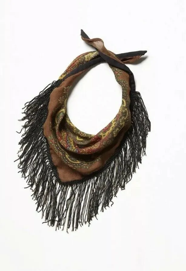 Chain Bandana "Chase Me" Brown & Multi Colors Boho Scarf Metal Chain & Poly Fringe Western Cowgirl