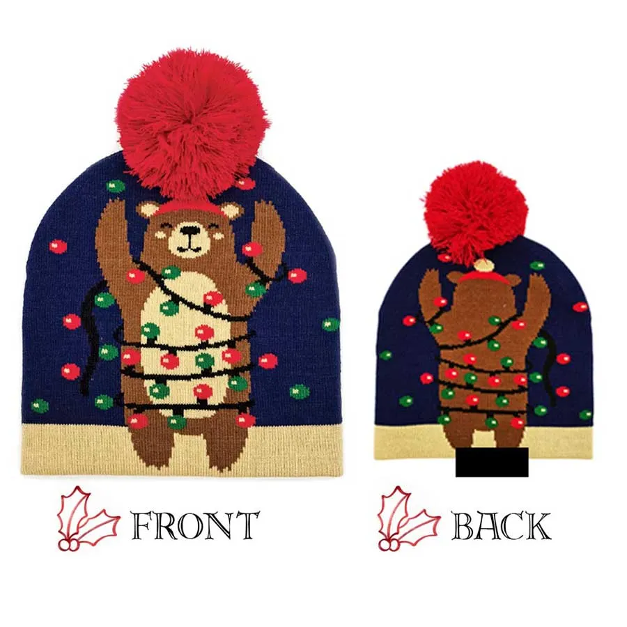 Christmas Bear Pom Knit Beanie Hat