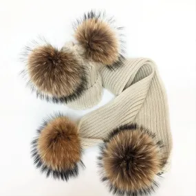 Double Pom Hat & Scarf Set - Beige Natural Pom