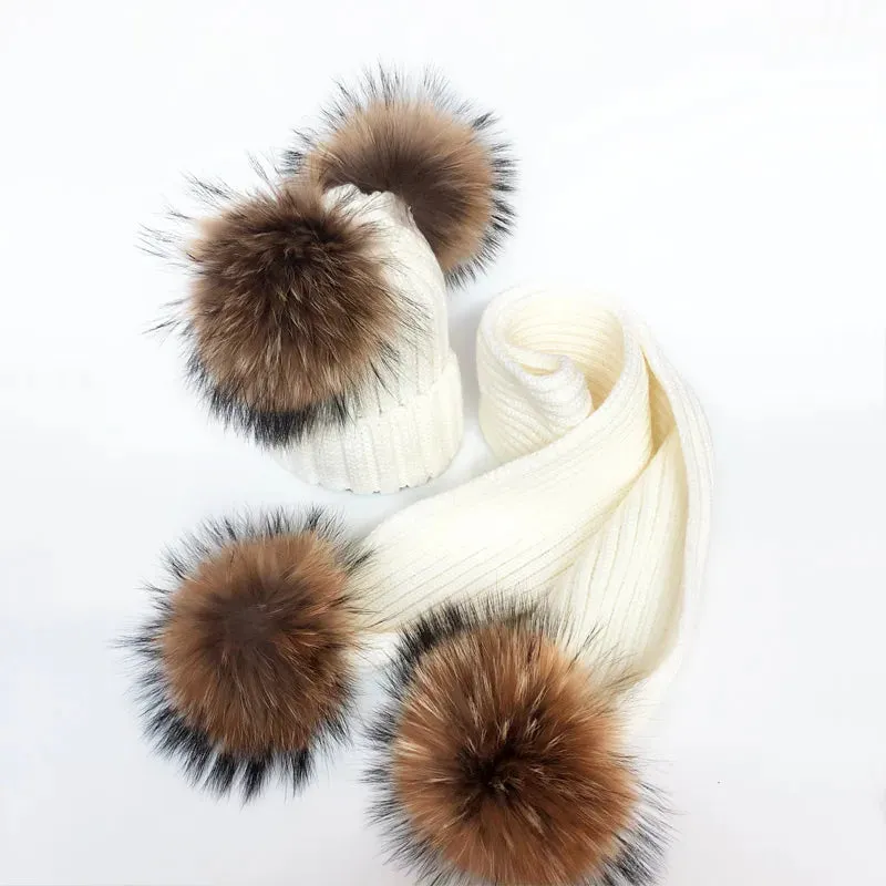 Double Pom Hat & Scarf Set - Cream with Natural Pom