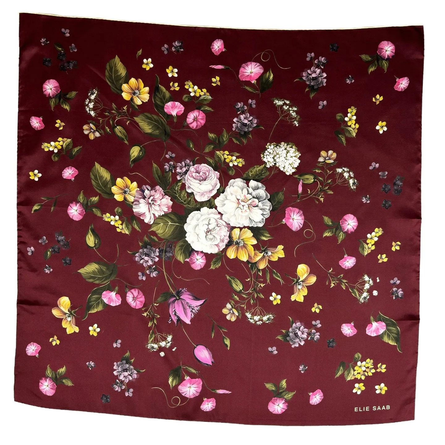 Elie Saab Silk Scarf Maroon Floral - Twill Silk Foulard