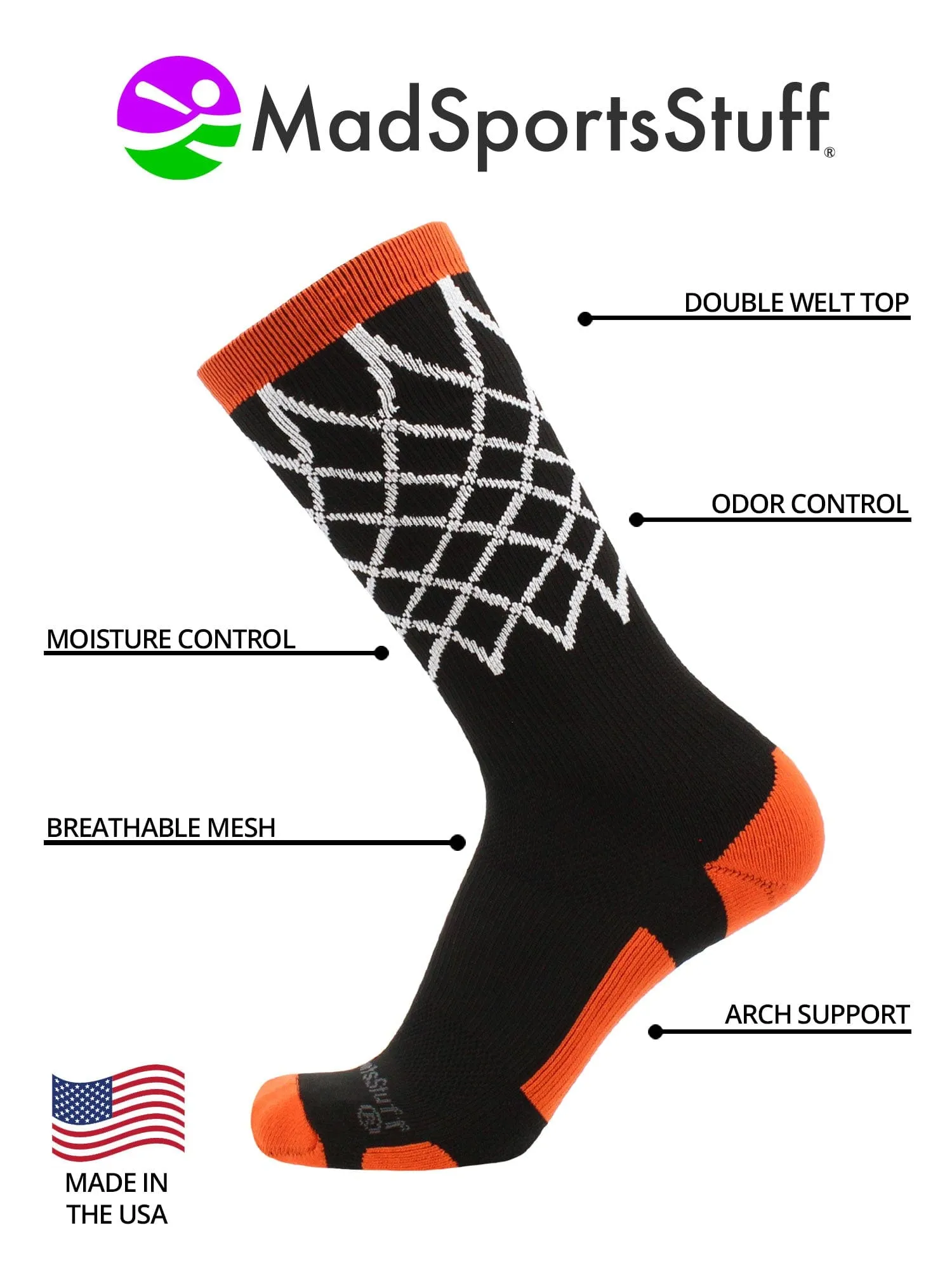 Elite Basketball Socks with Net Crew length - made in the USA