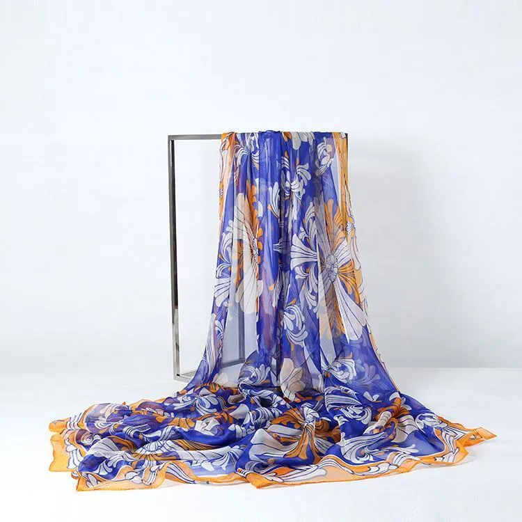 Extra Large Square Chiffon Scarf Blue and Yellow CHF105