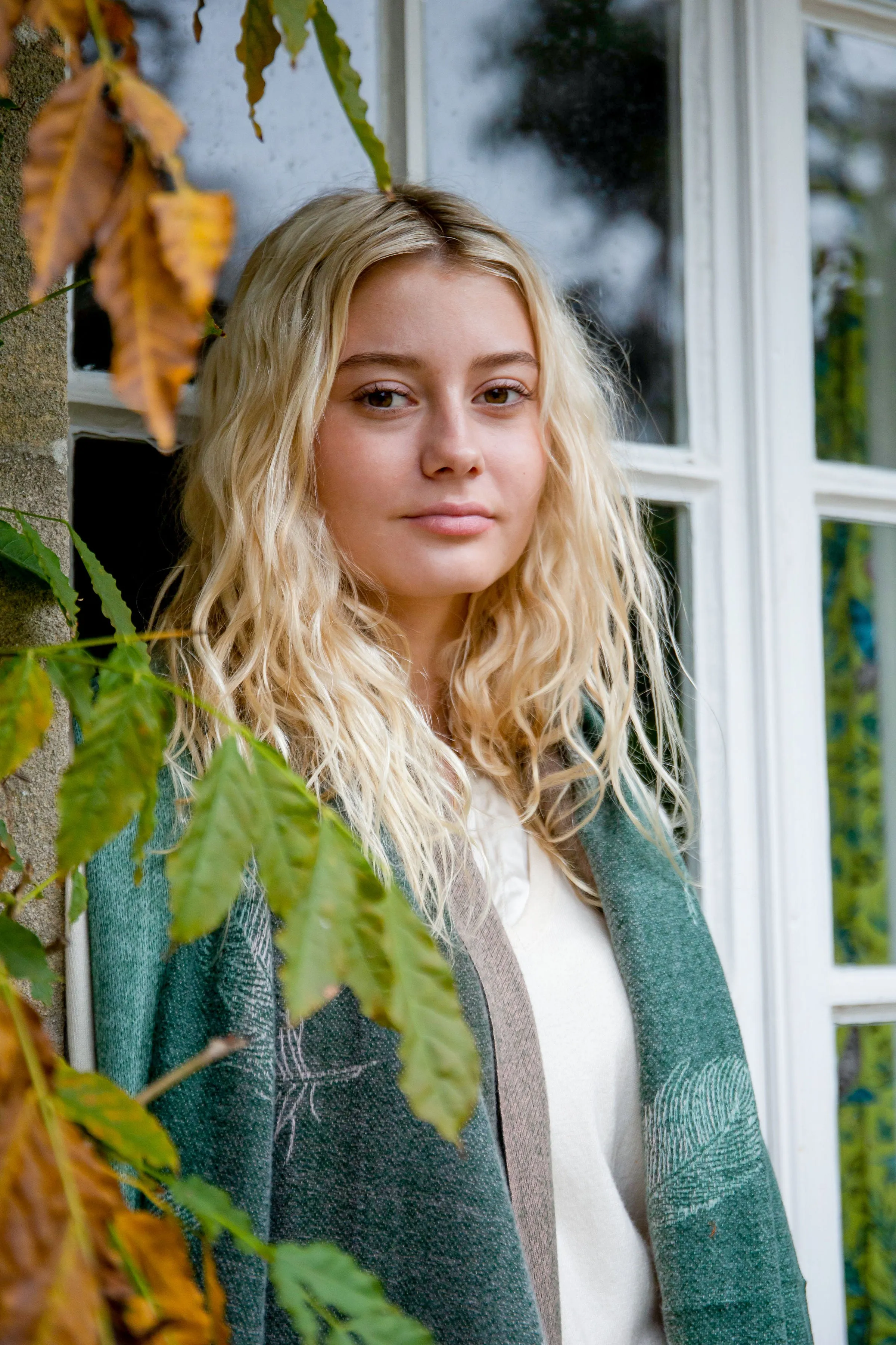 Forest Green To Dusky Pink Leaf Embossed Scarf