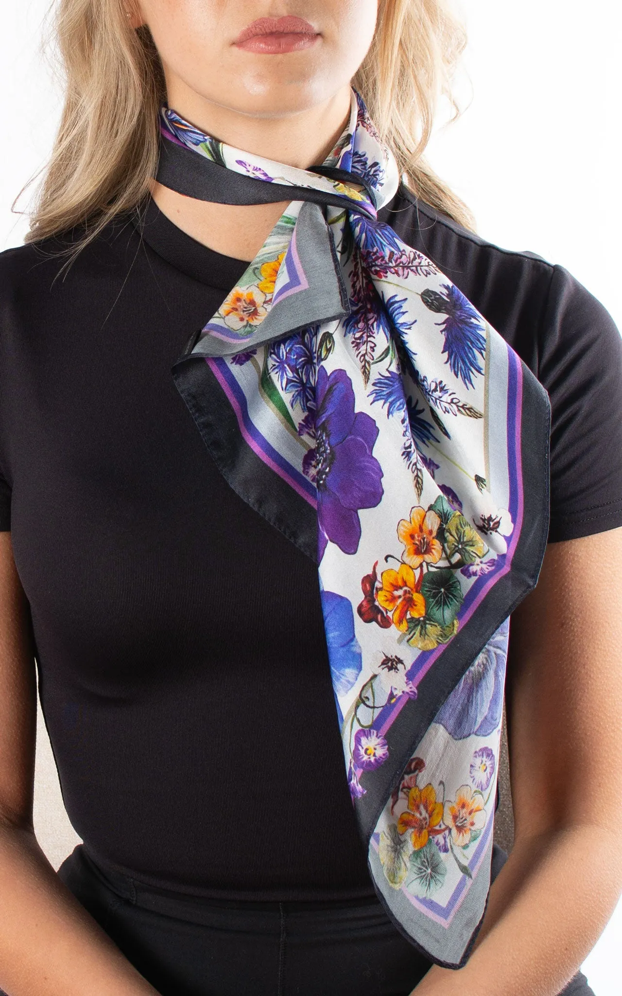 Four Blue Flowers Square Silk Scarf