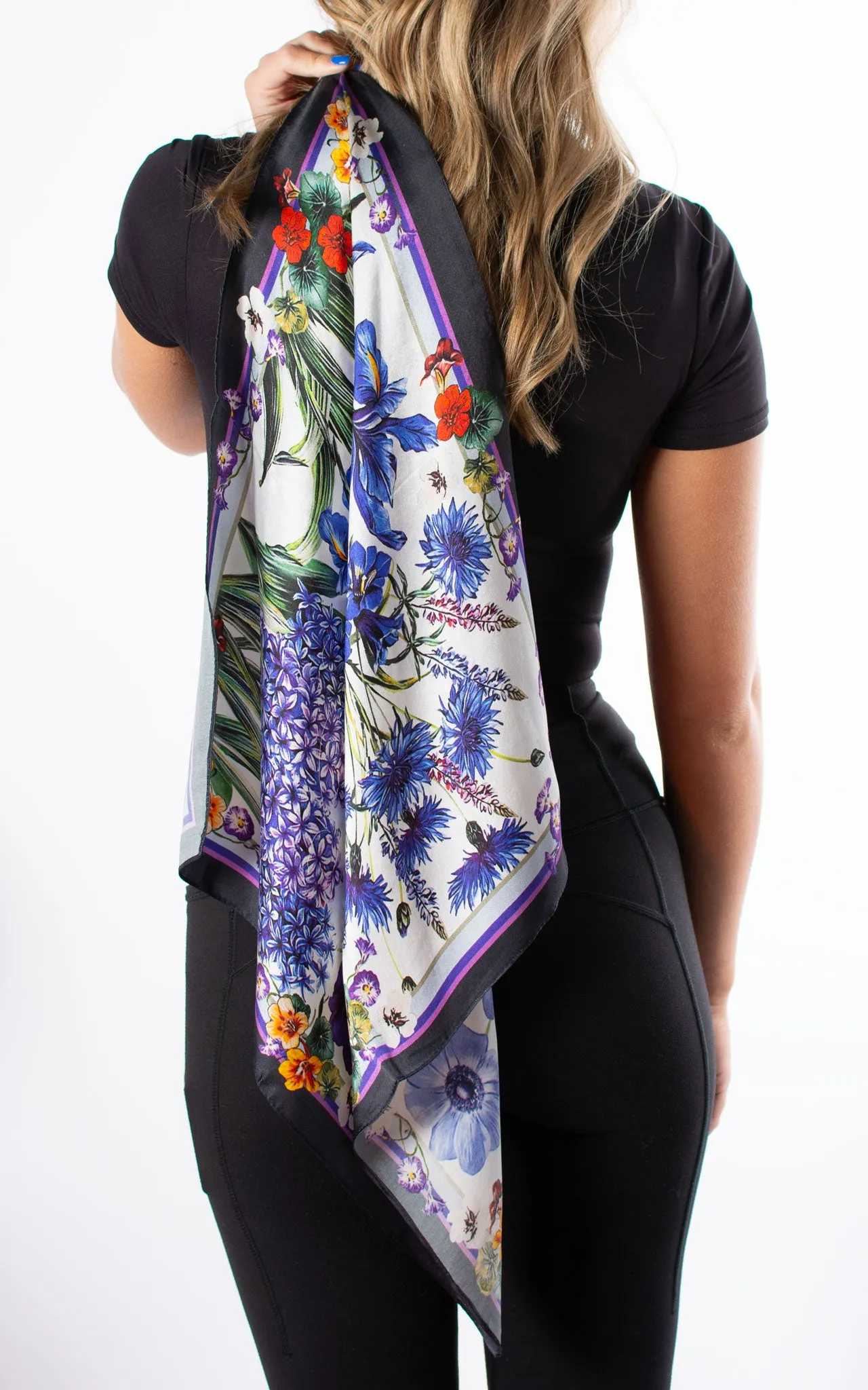 Four Blue Flowers Square Silk Scarf