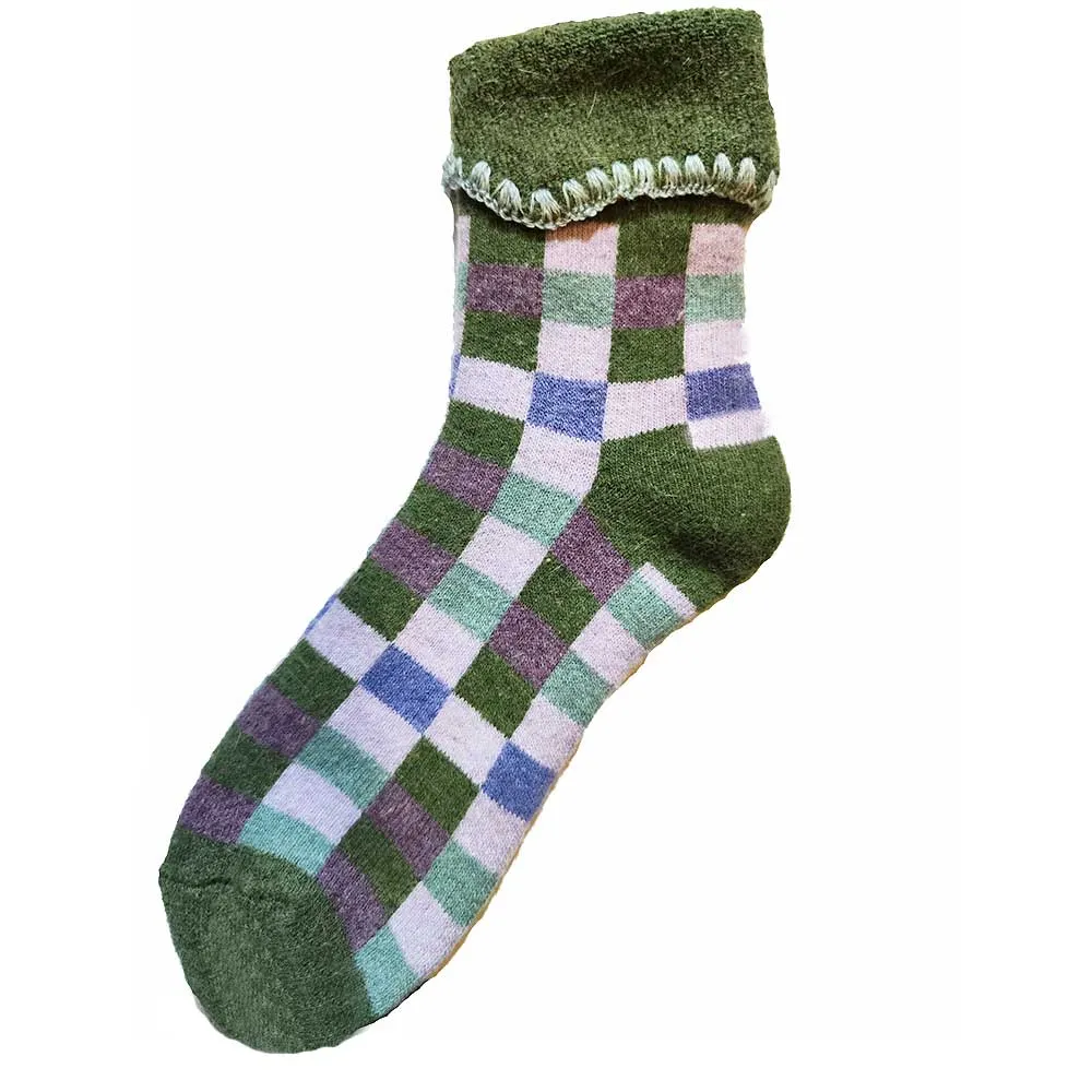 Green Plaid cuff socks with green and cream cream check