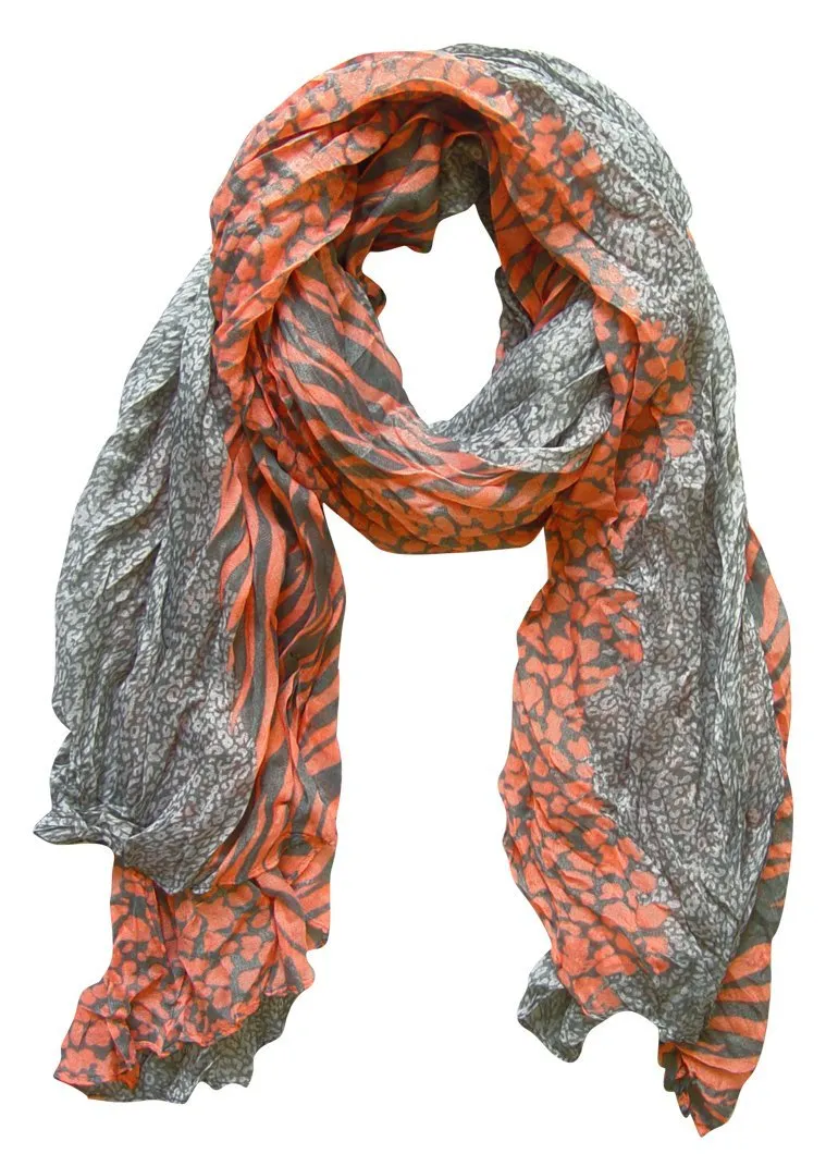 Grey & Salmon Peach Couture All Seasons Retro Zebra and Leopard Print Crinkle Scarf