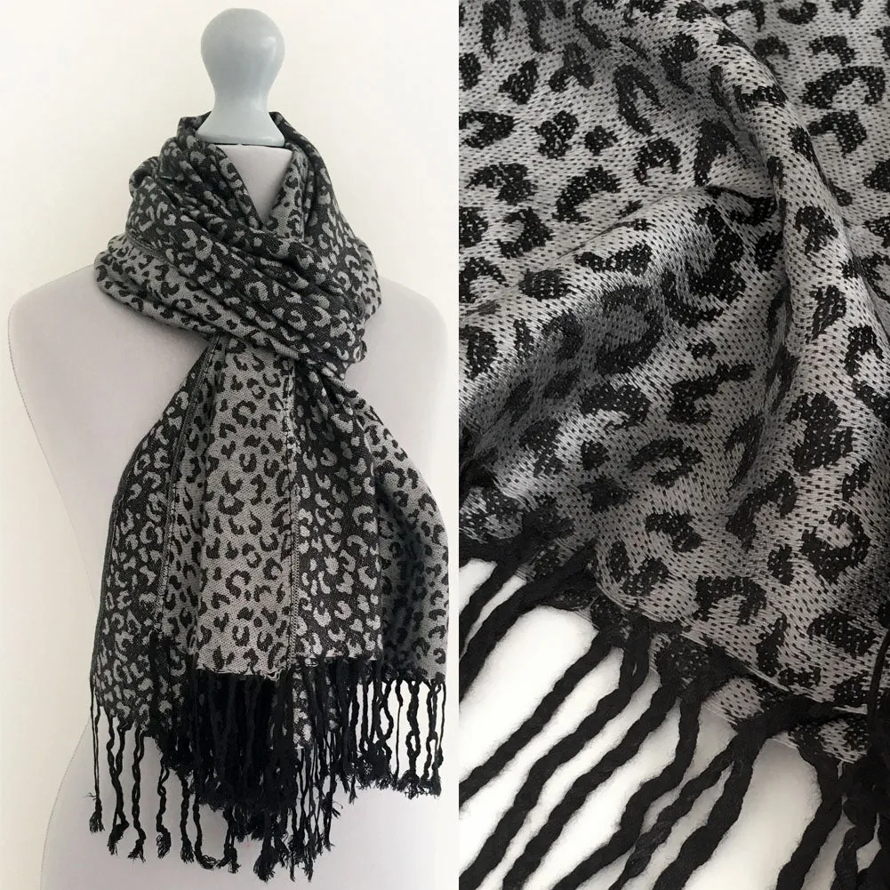 GREY SMALL LEOPARD PRINT REVERSIBLE PASHMINA SHAWL SCARF