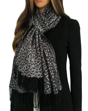 GREY SMALL LEOPARD PRINT REVERSIBLE PASHMINA SHAWL SCARF