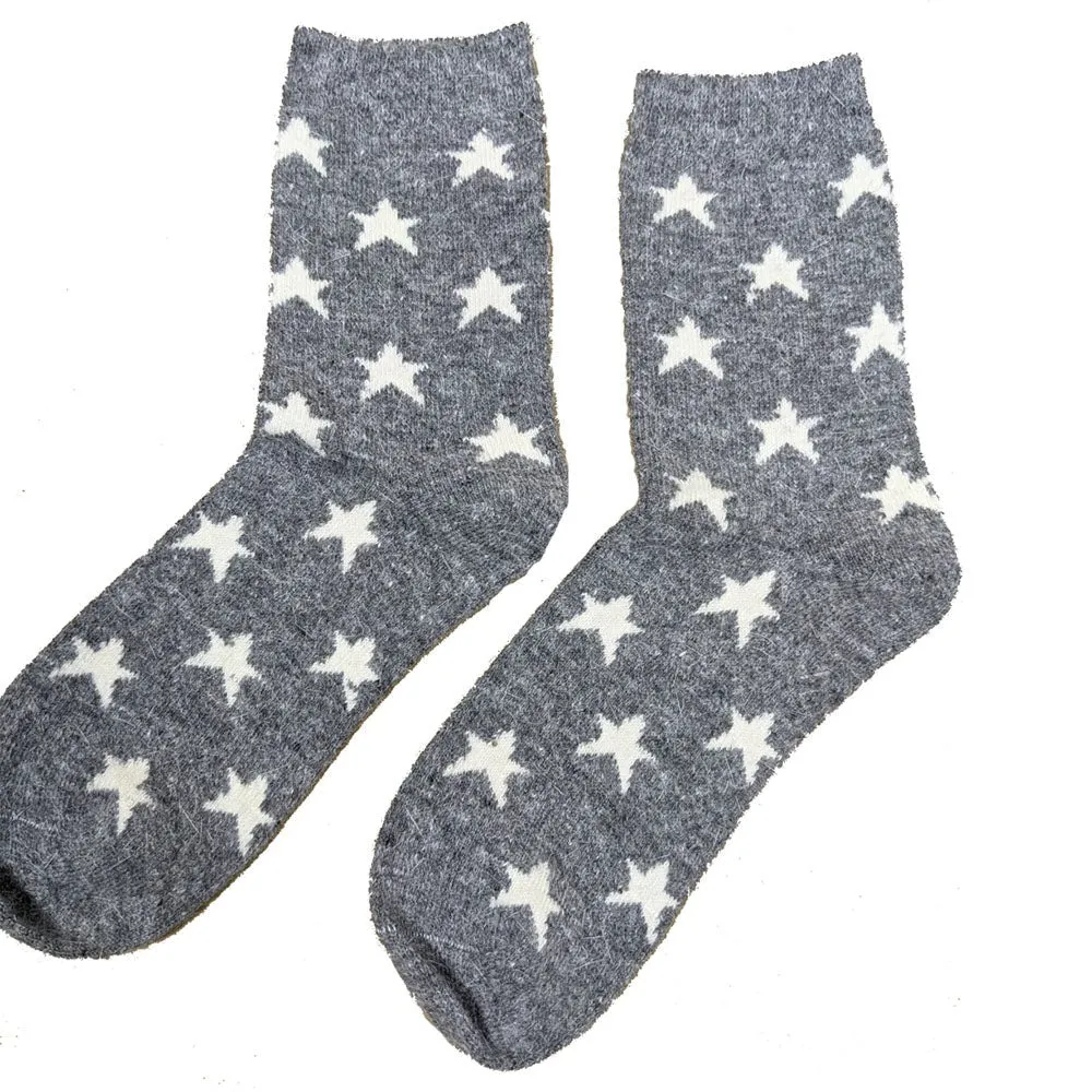 Grey  with cream Stars, wool blend socks size 4-7