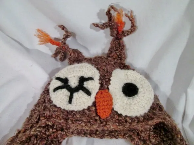 HAND KNIT Infant Girls Boys Toddler Baby KIDS Ear Flap HAT BROWN OWL BIRD