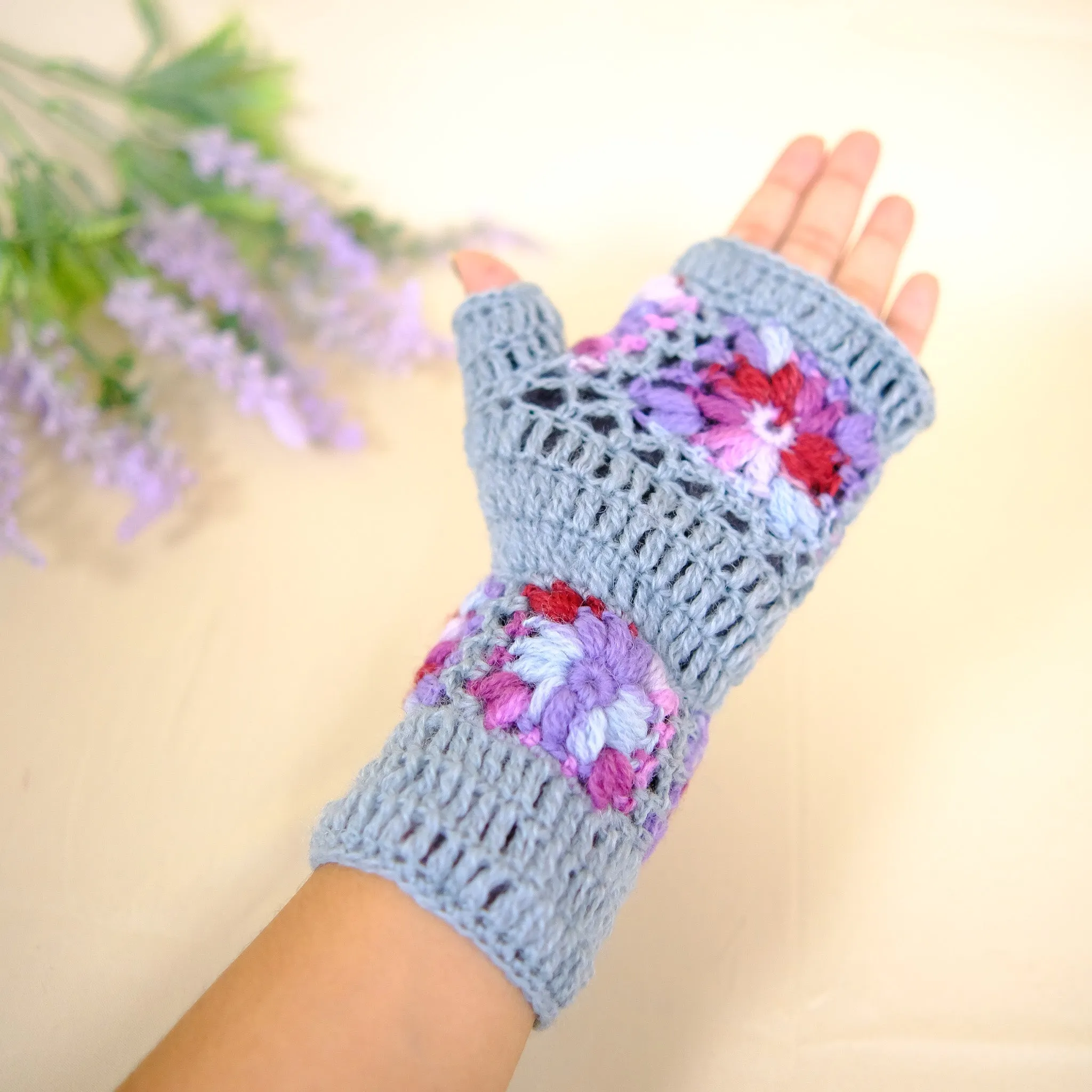 Hand Knitted Crochet Flower Design Hand Warmer