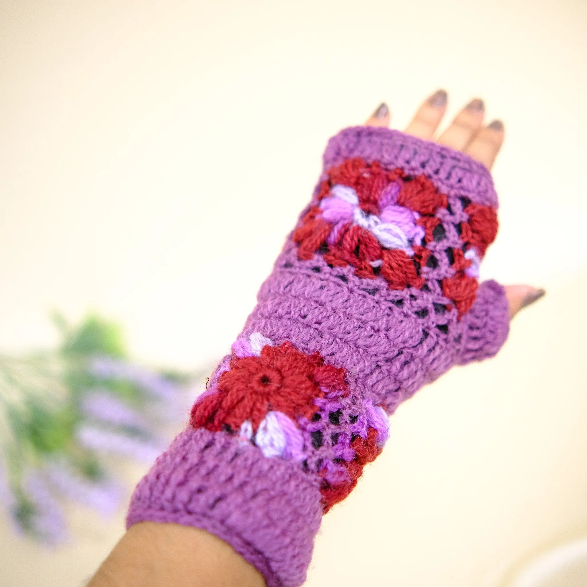 Hand Knitted Crochet Flower Design Hand Warmer