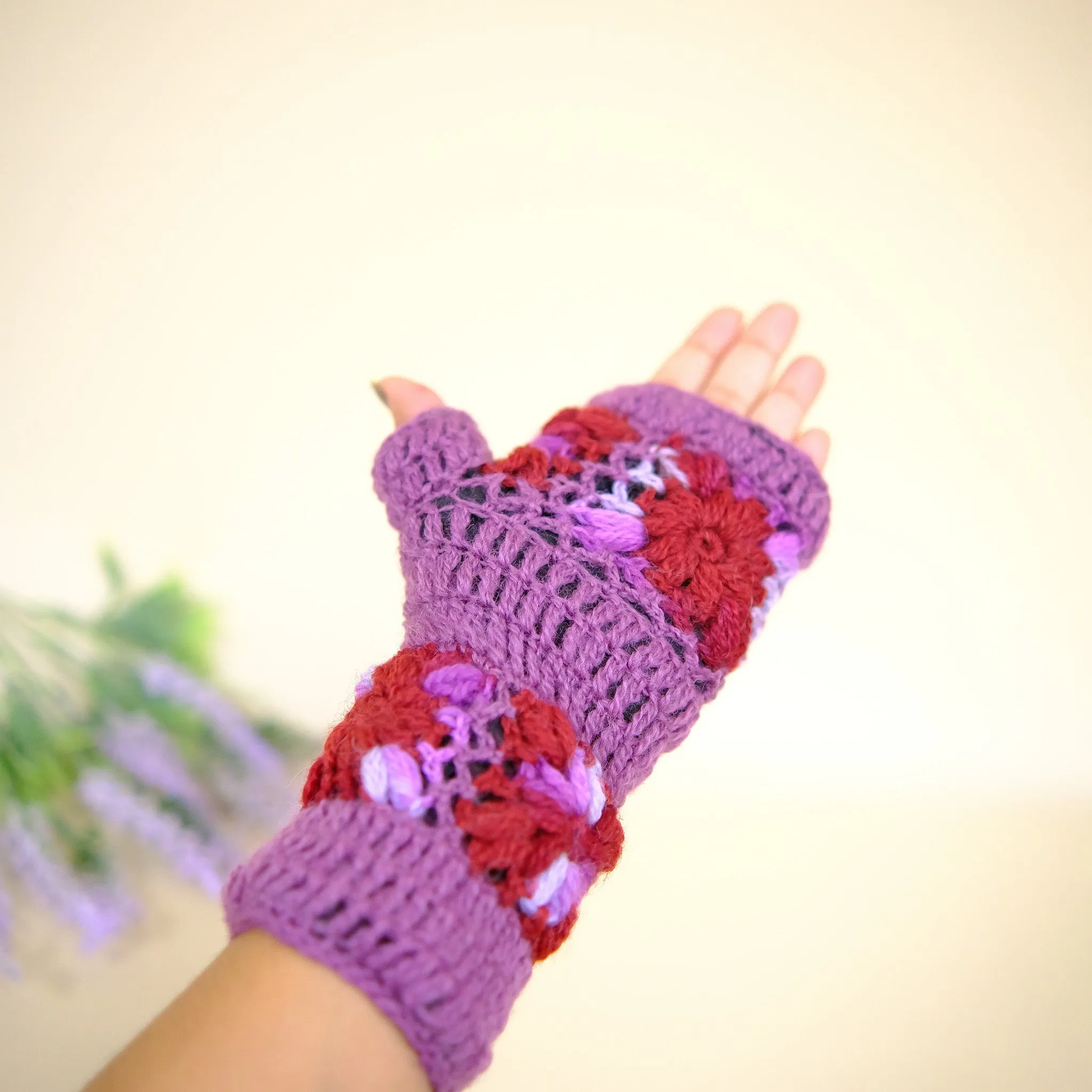 Hand Knitted Crochet Flower Design Hand Warmer