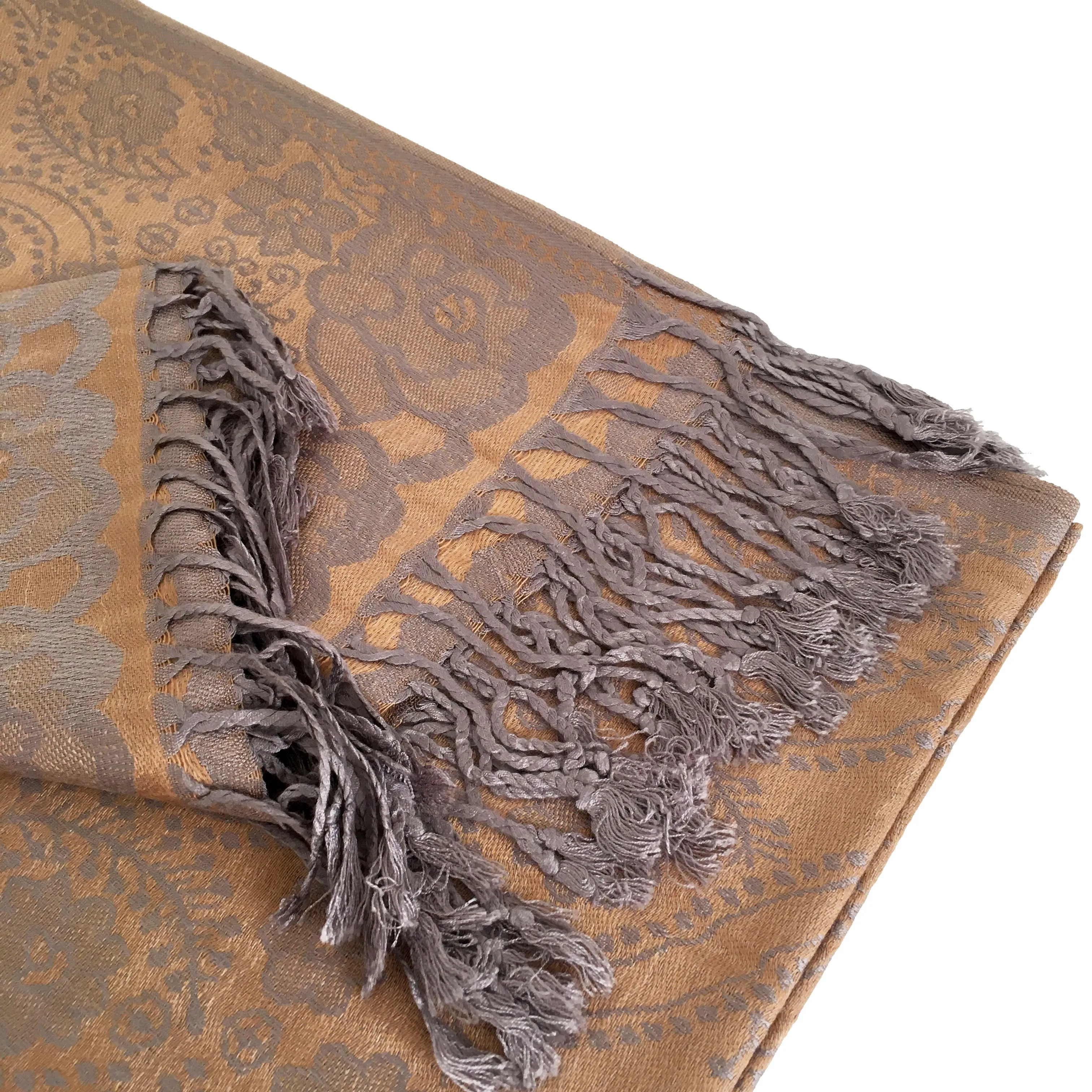 LARGE BRONZE GOLD SWIRL FLORAL PRINT REVERSIBLE PASHMINA SHAWL SCARF