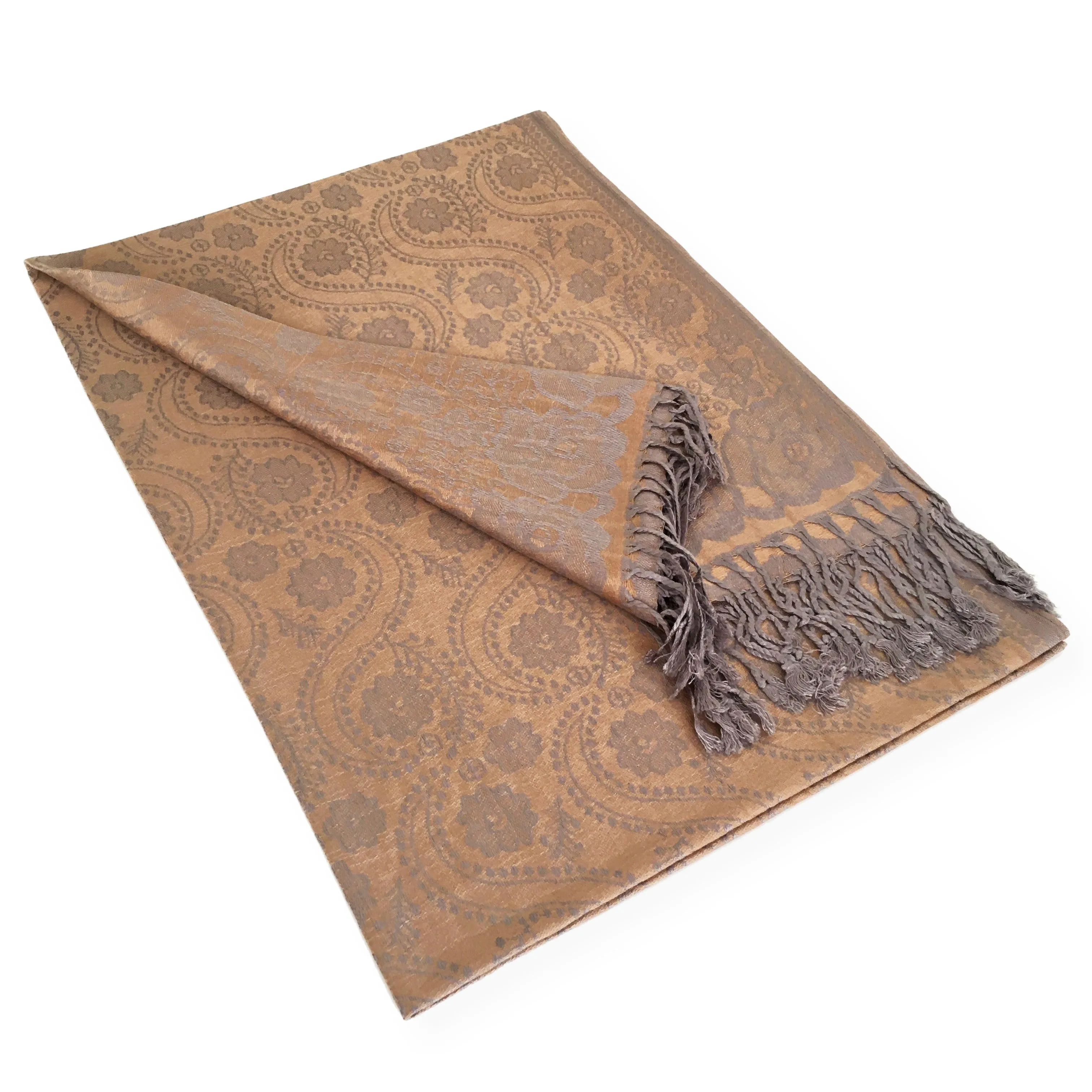 LARGE BRONZE GOLD SWIRL FLORAL PRINT REVERSIBLE PASHMINA SHAWL SCARF