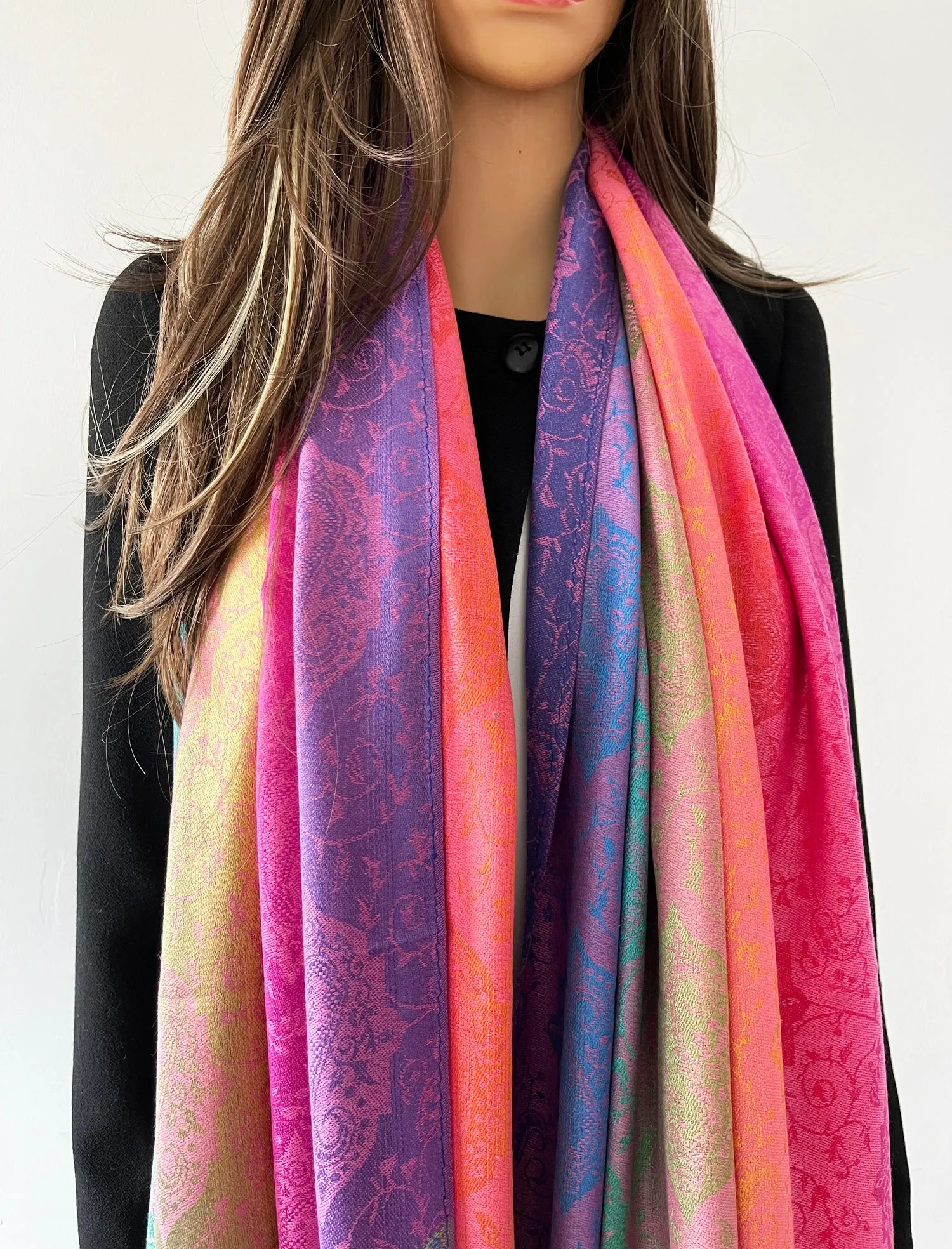 LARGE LIGHT MULTI-COLOUR PINK PAISLEY PRINT PASHMINA SHAWL SCARF