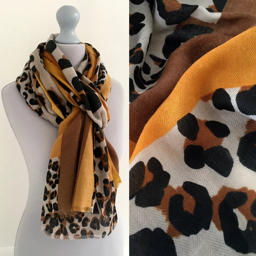 LARGE MUSTARD YELLOW BLOCK PRINT LEOPARD PRINT SHAWL SCARF