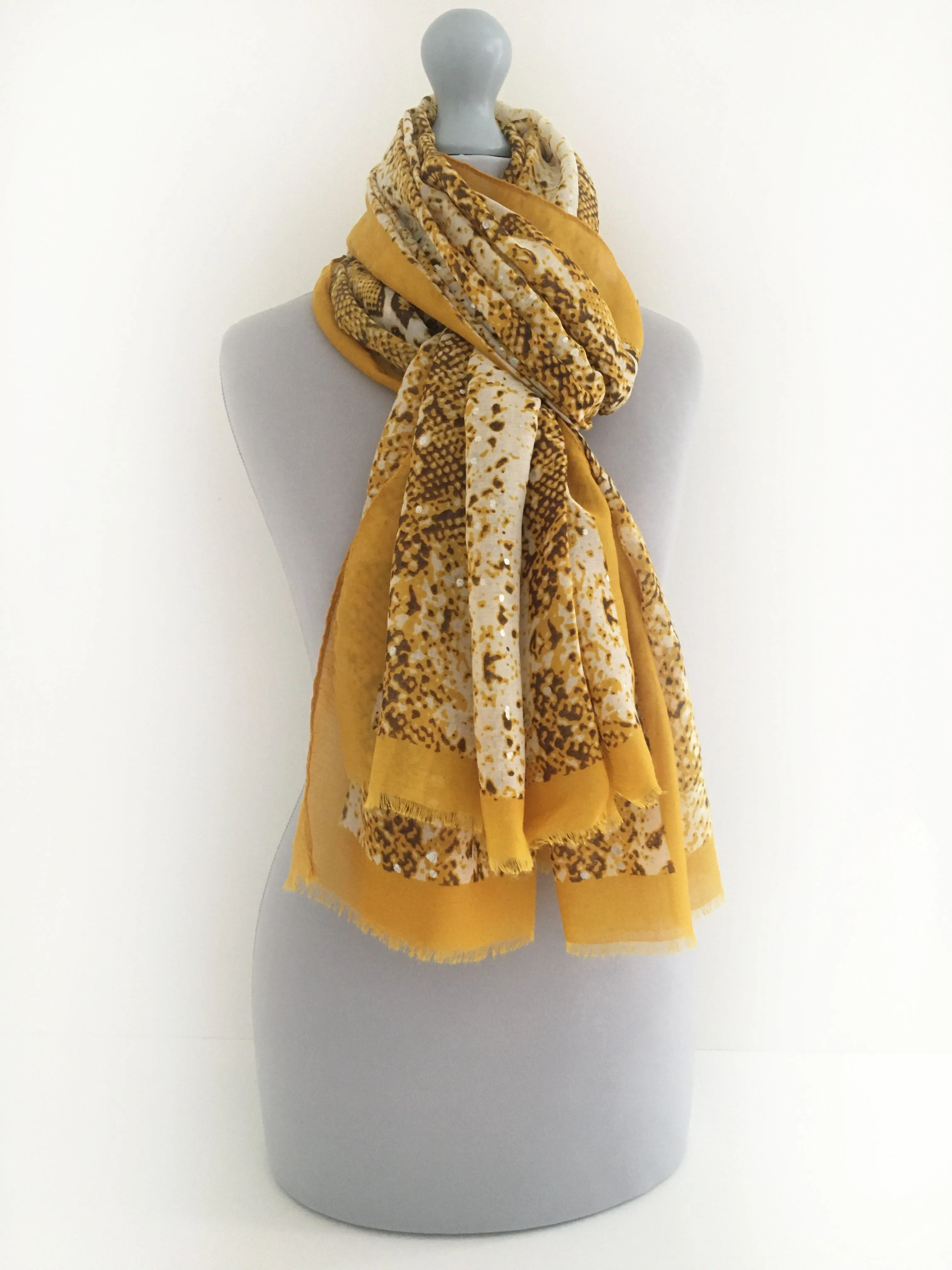 LARGE MUSTARD YELLOW SNAKESKIN PRINT SHAWL SCARF WITH METALLIC DETAILING