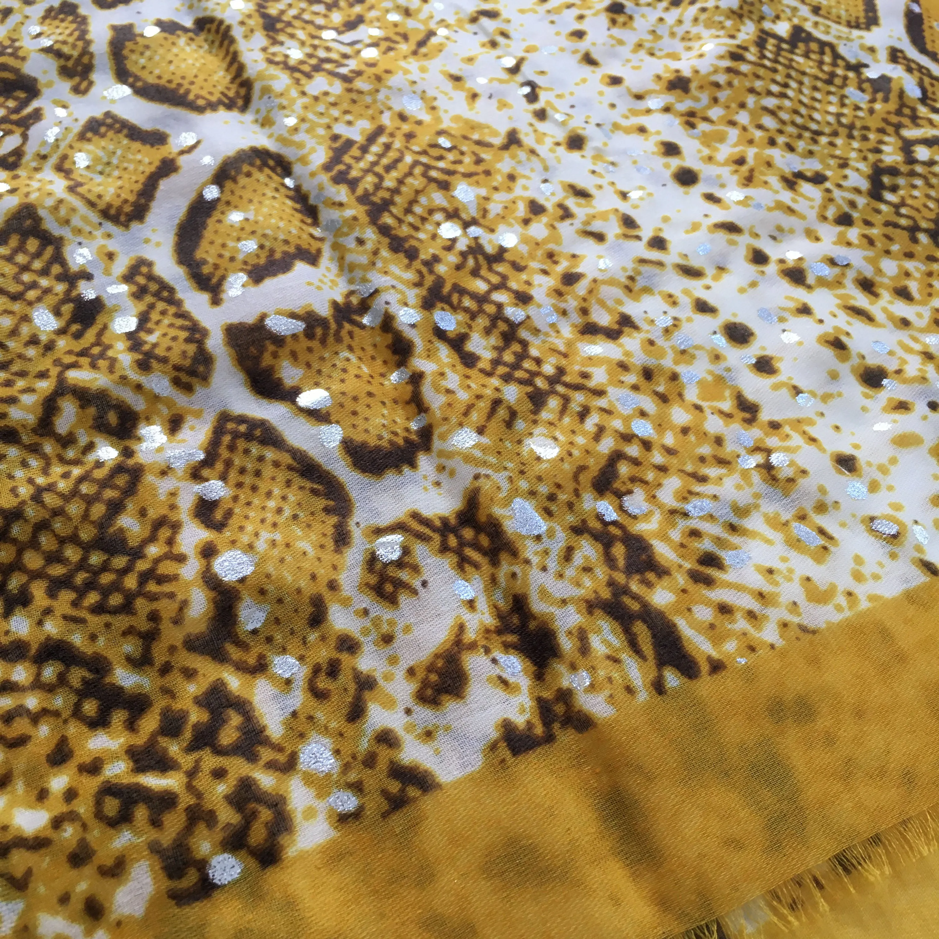 LARGE MUSTARD YELLOW SNAKESKIN PRINT SHAWL SCARF WITH METALLIC DETAILING