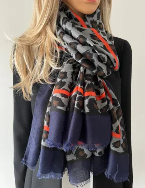 LARGE NAVY BLUE STRIPE LEOPARD PRINT SHAWL SCARF