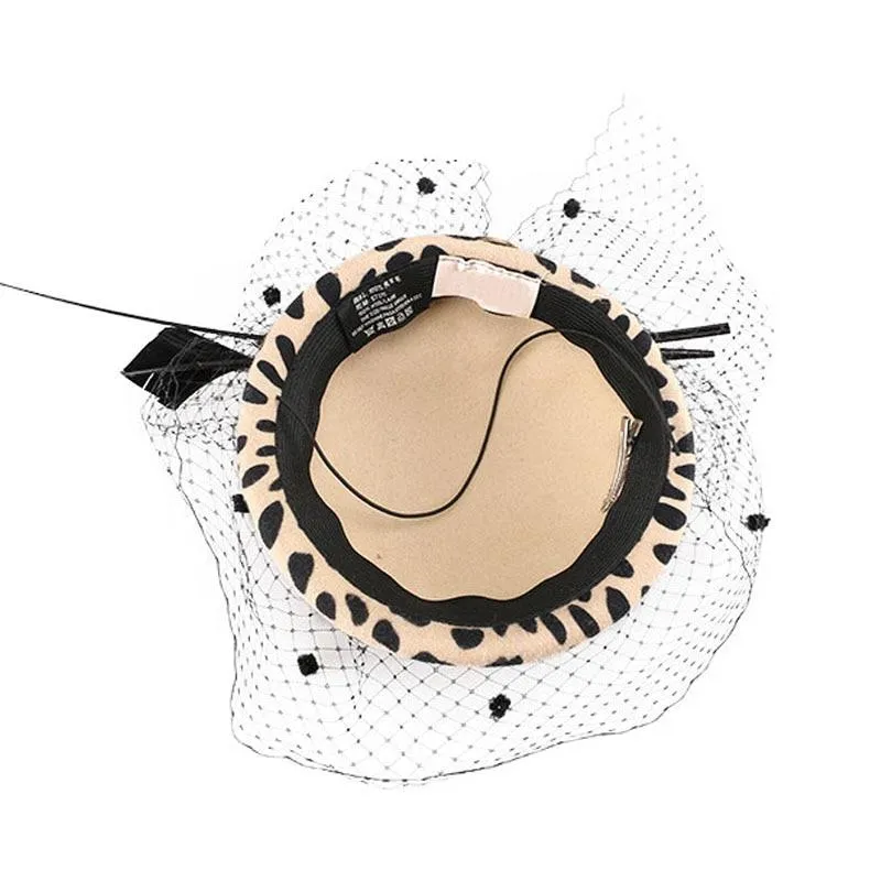 Leopard Australian Wool Pillbox Fascinator Hat with Netted Veil, Bowknot and Feathers