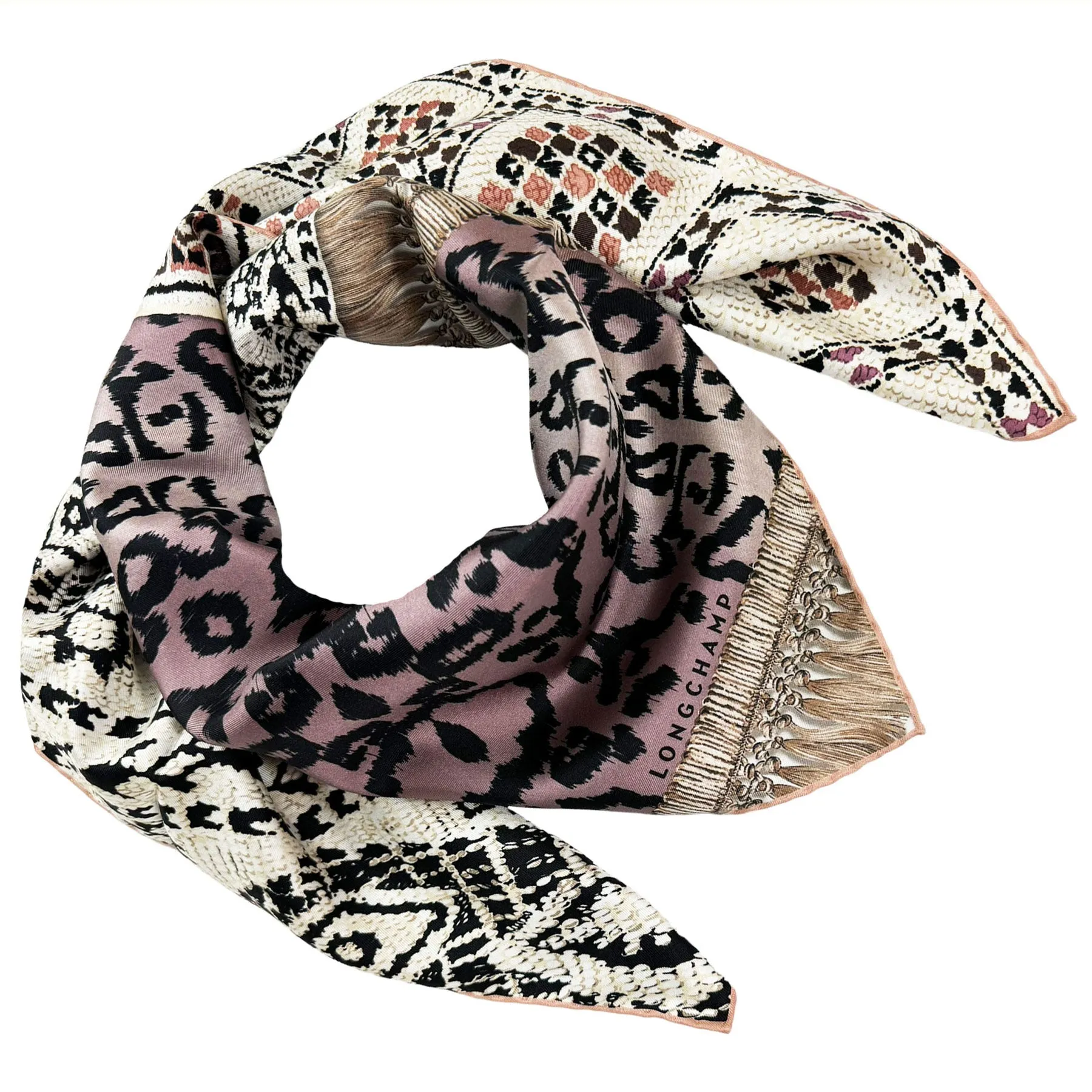 Longchamp Silk Scarf Pink Tan Design - Square Foulard