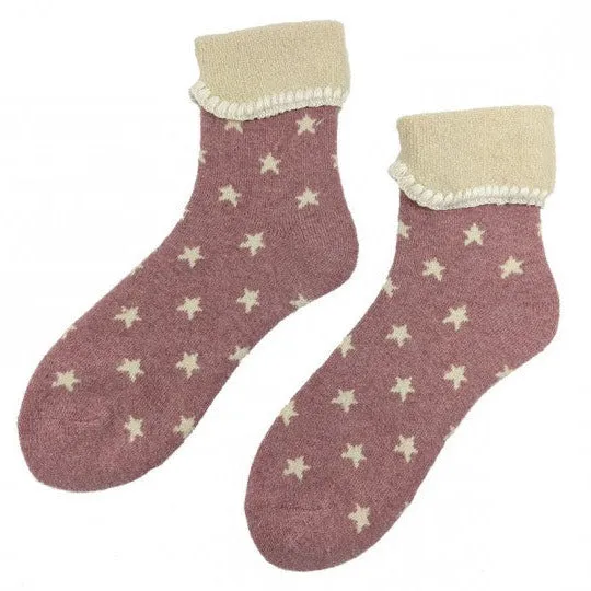 Pink Cuff Socks With Cream Stars