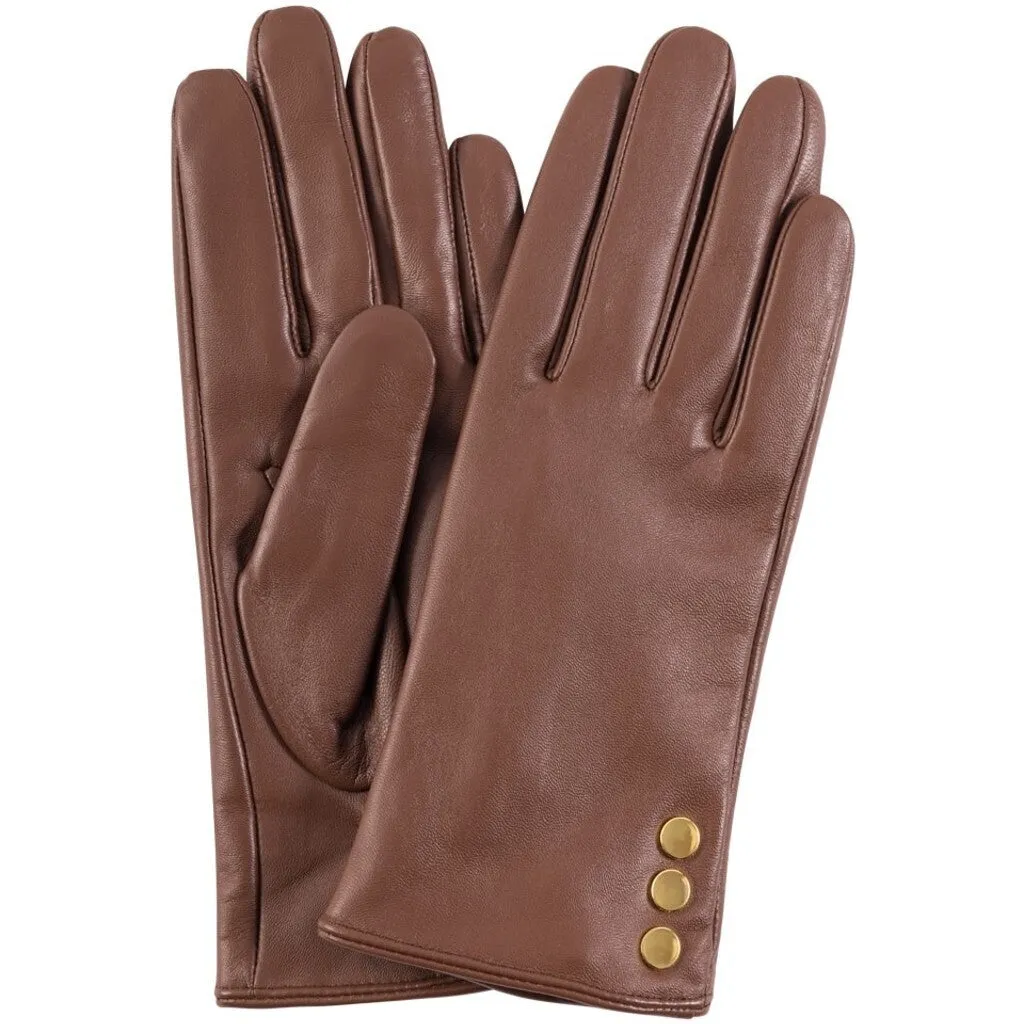 Pretty leather glove with buttons on side / 15206 - Cognac/Gold