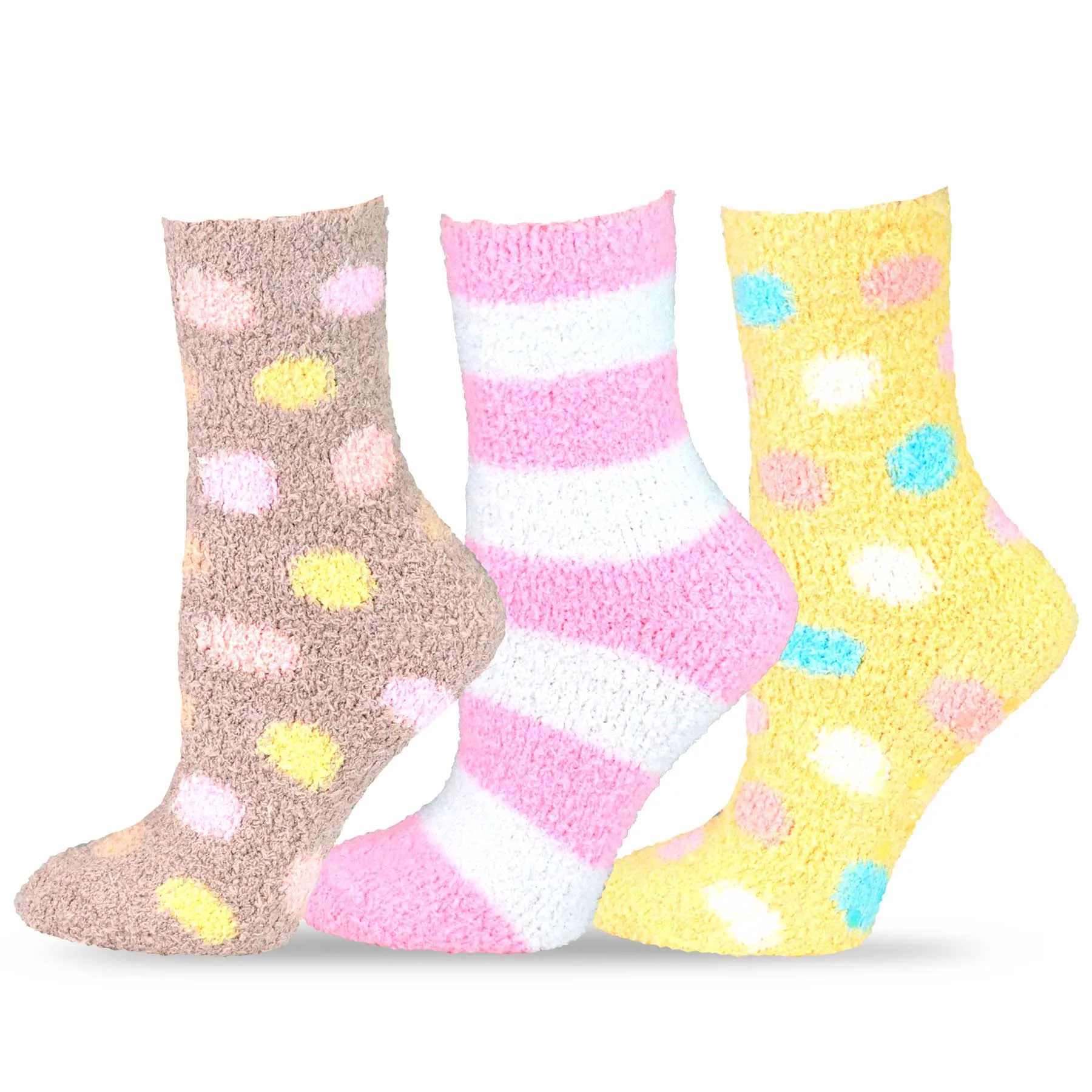 TeeHee Socks Women's Fuzzy Crew Stripes and Polka Dots 9-Pack Gift Box (12135)