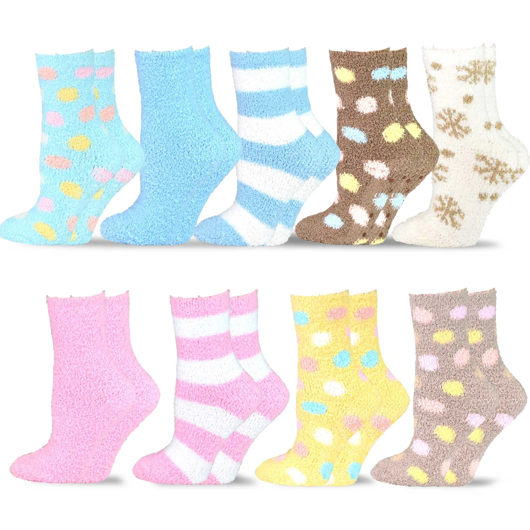 TeeHee Socks Women's Fuzzy Crew Stripes and Polka Dots 9-Pack Gift Box (12135)