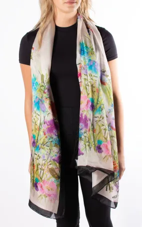 Watercolour Flowers Black Silk Scarf