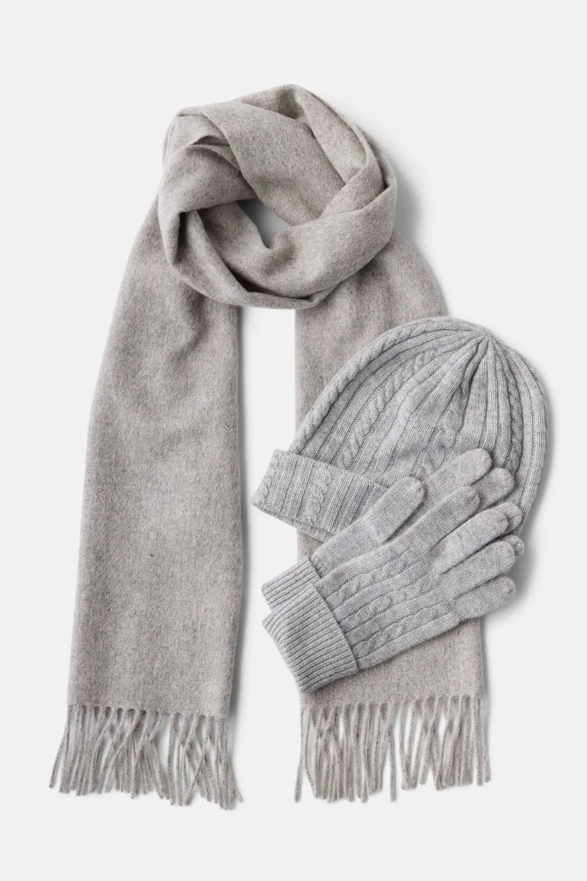 Women's 3pc 100% Pure Cashmere Cable Knit Hat, Glove & Woven Scarf Set with Gift Box